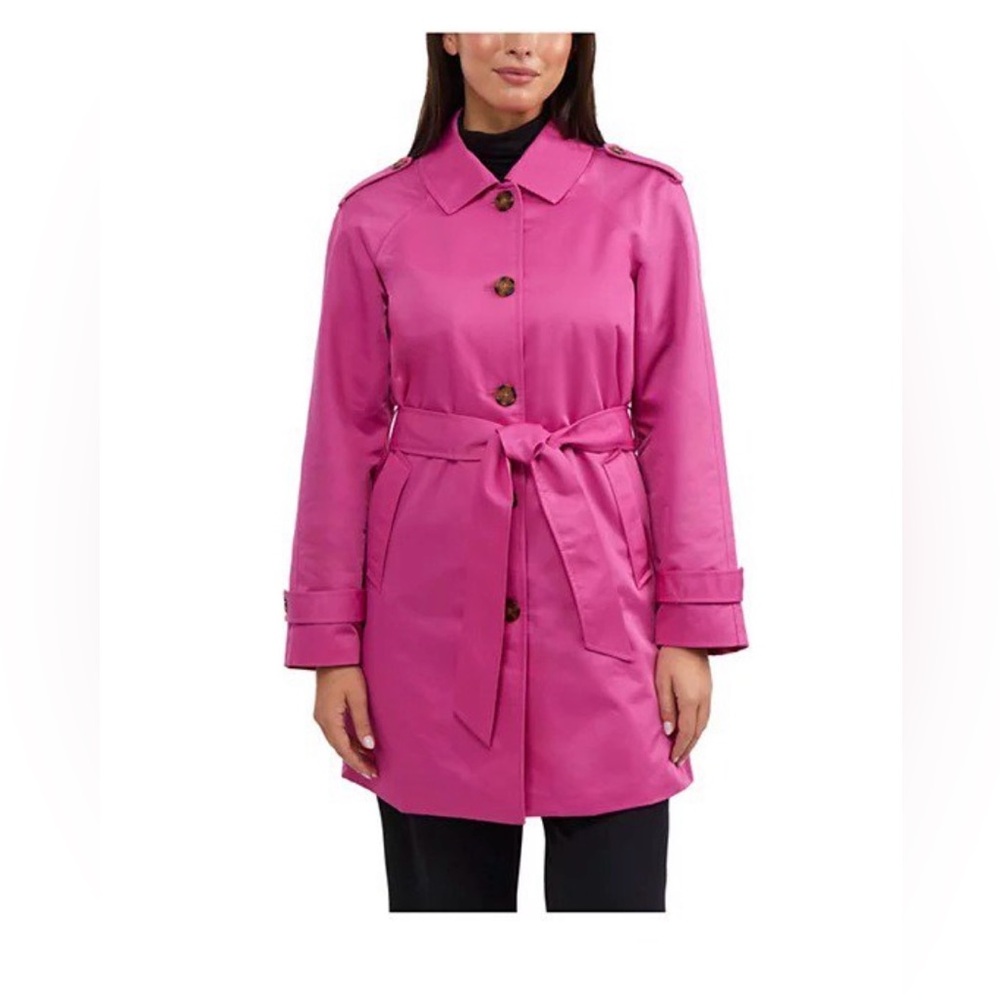 Ellen Tracy NWT Coated Gabardine Belted Single Breasted Tench Coat - Fuchsia